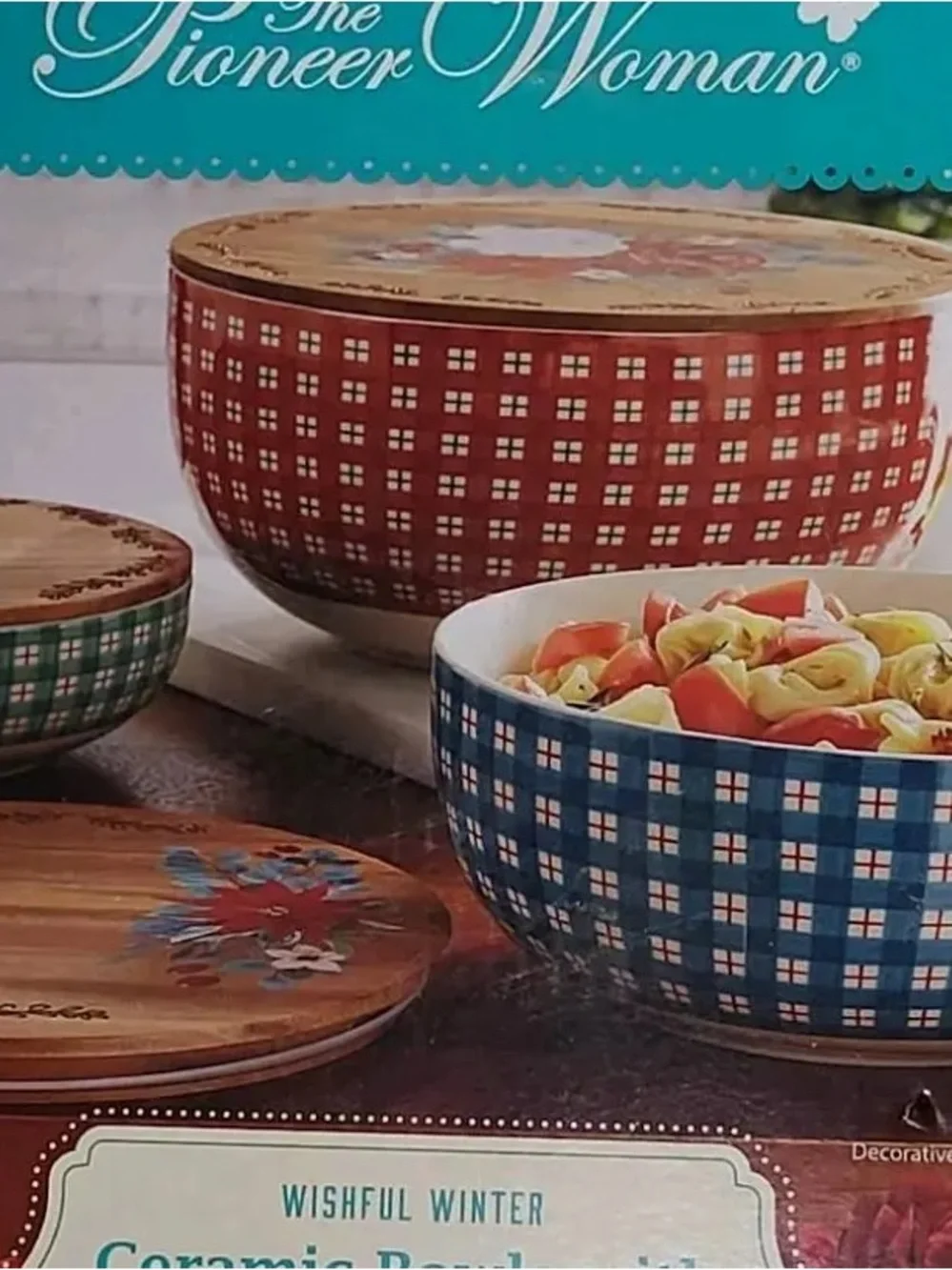 Pioneer Woman Wishful Winter Ceramic Wooden6 Piece Bowls Set